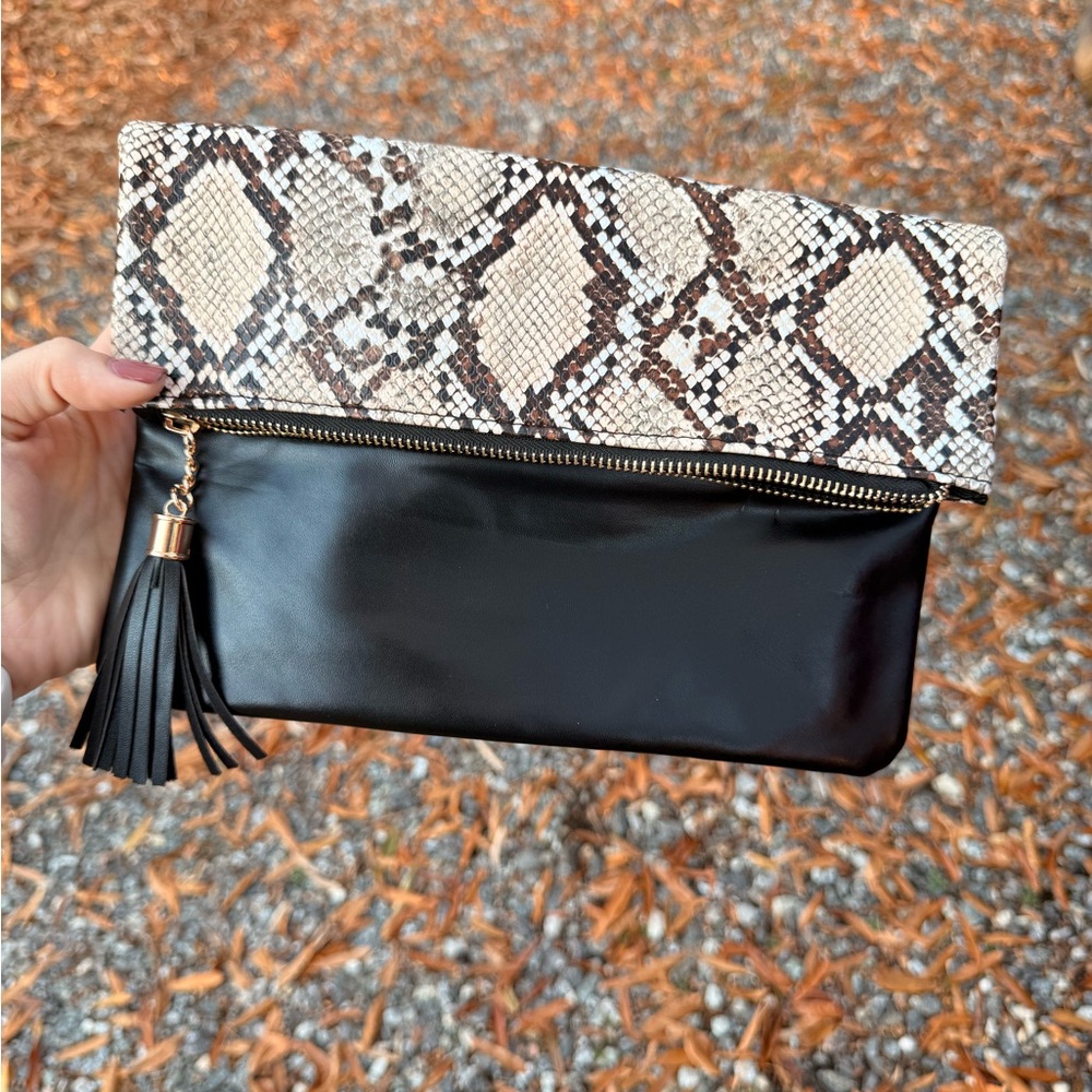 Black and Snake Print Clutch Bag